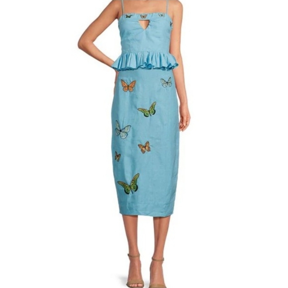 Fanm Mon Marion Embroidered Linen Midi Pencil Skirt Set blue Womens Medium New